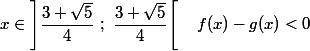 x \in \left]\dfrac{3+\sqrt{5}}{4}~;~\dfrac{3+\sqrt{5}}{4}\right[ \quad f(x)-g(x)<0